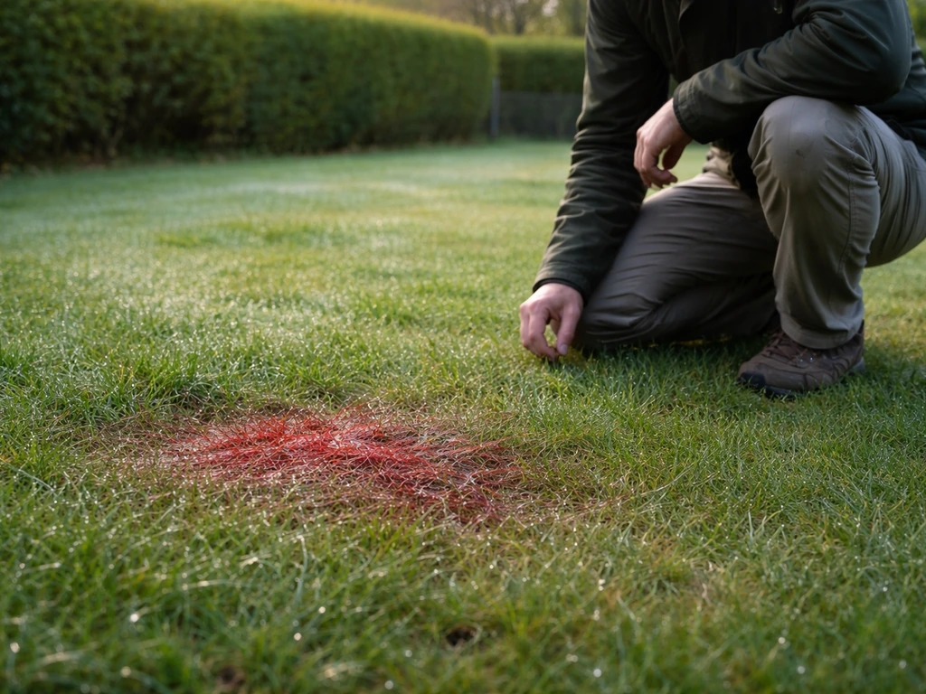 Pelouse humide au petit matin : un jardinier observe des filaments rouges visibles dans la rosée.