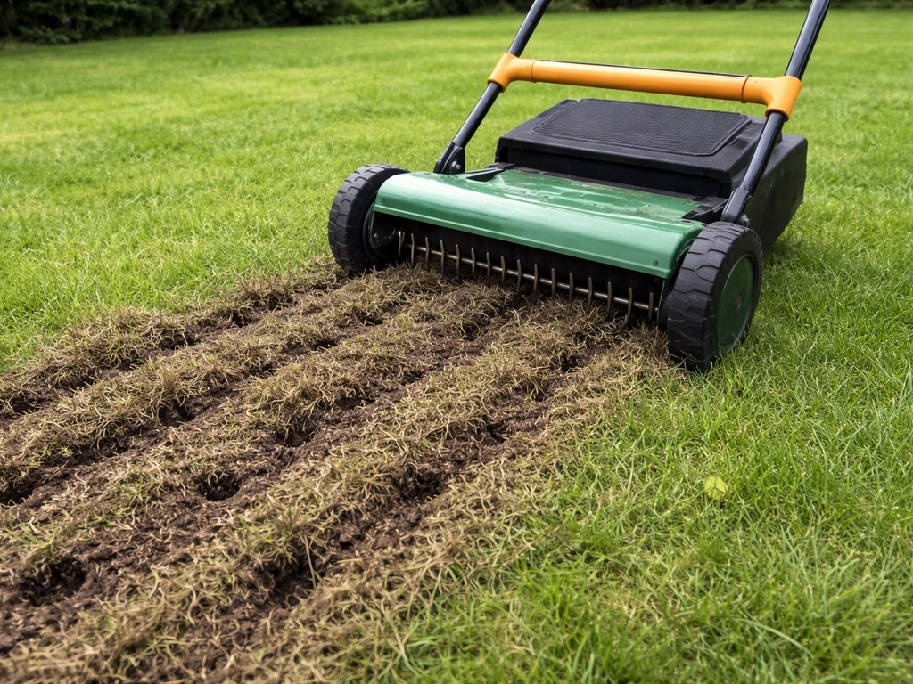 Pelouse après scarification : feutre retiré et sol aéré, scarificateur visible au premier plan.