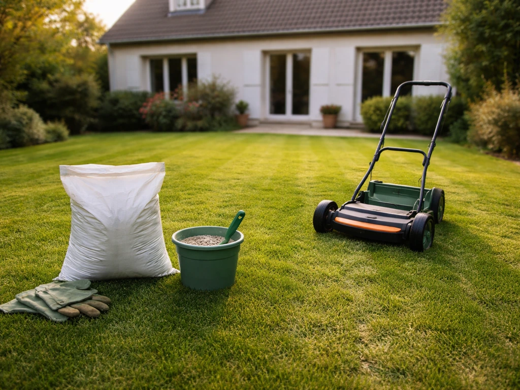 Maison avec pelouse fraîchement traitée et outils de jardin au sol, ambiance de diagnostic pro.