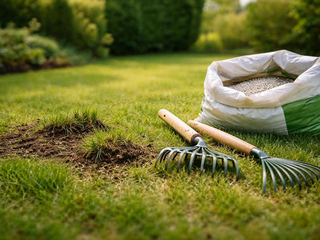 Pelouse de printemps avec scarificateur, râteau et engrais, préparation du jardin sans personne ni texte