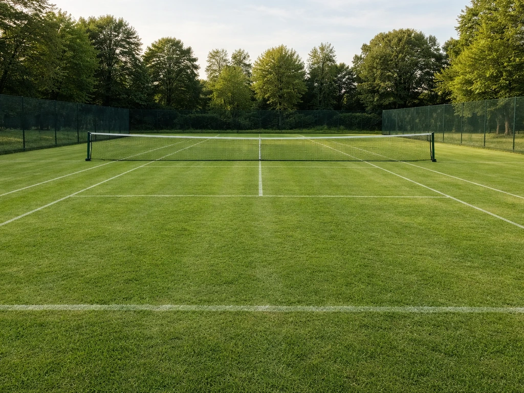 Terrain de tennis en gazon naturel à Thorigné-Fouillard, vues des lignes vertes et clôture discrète.