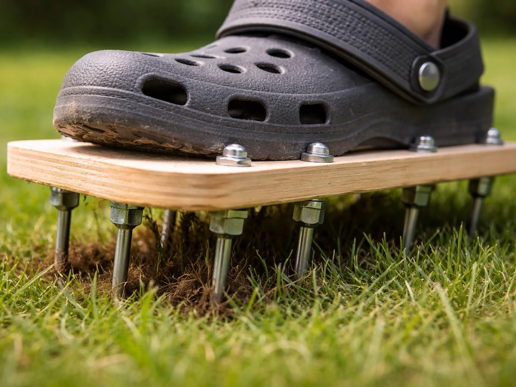 Close-up van een zelfgemaakte beluchtingsschoen met spijkers op een plank die grasmat inprikt
