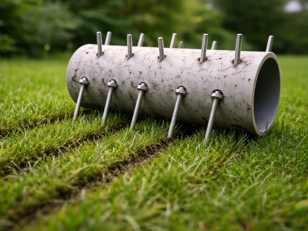 Zelfgemaakte prikrol rolt over het gazon; bouten prikken de grond en laten sporen achter.