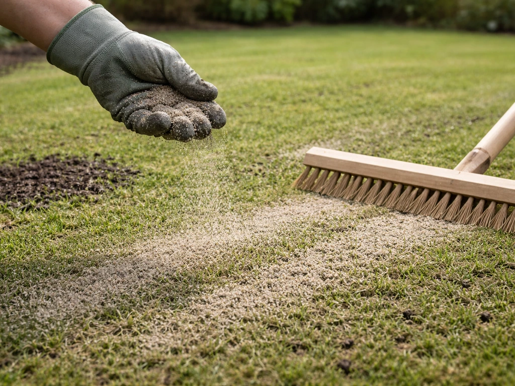 Gelijkmatig scherp zand/compostmengsel wordt na beluchten over het gazon gestrooid en ingewerkt met een hark.