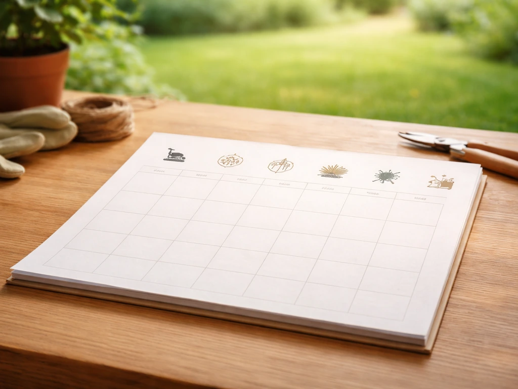 Overzichtelijke seizoenskalender voor gazononderhoud op tafel, met groen Nederlands gras op de achtergrond.