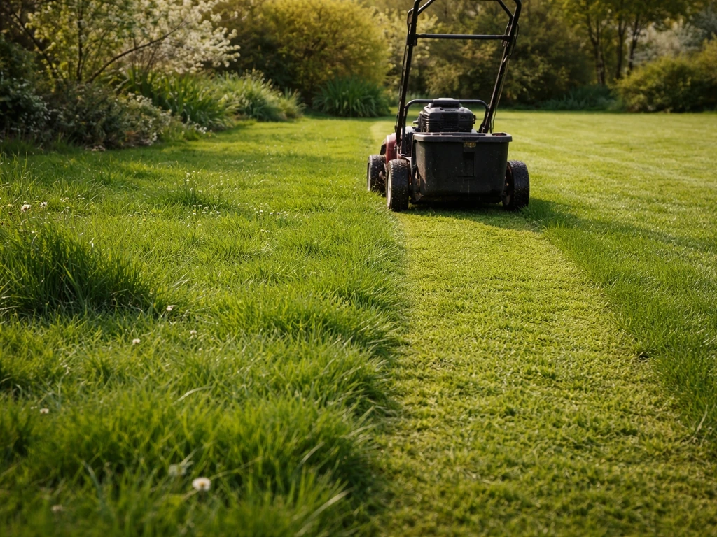 Gazon dat in het voorjaar wordt gemaaid met een grasmaaier, met versgroeiend gras en maaisporen.