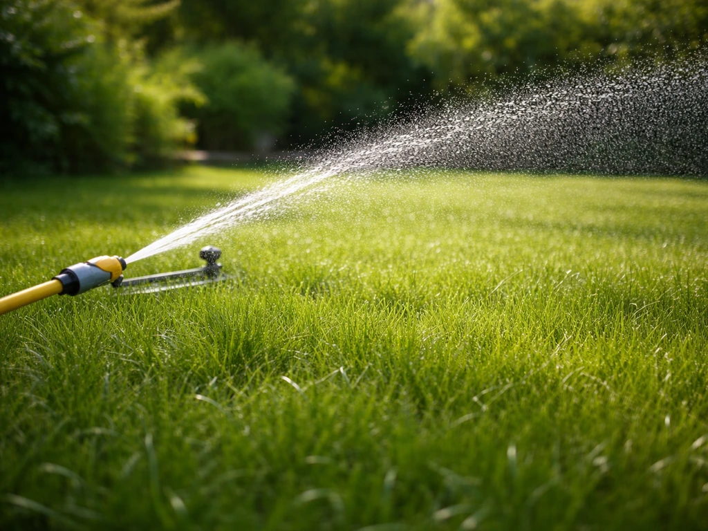 Groen gazon met hogere maaihoogte en een beregeningsslang die gericht water geeft, in de zomer
