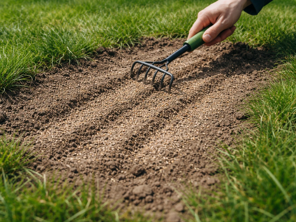 Graszaden en zaai-klaar zand in opengezaaide stroken op een kale plek in de tuin