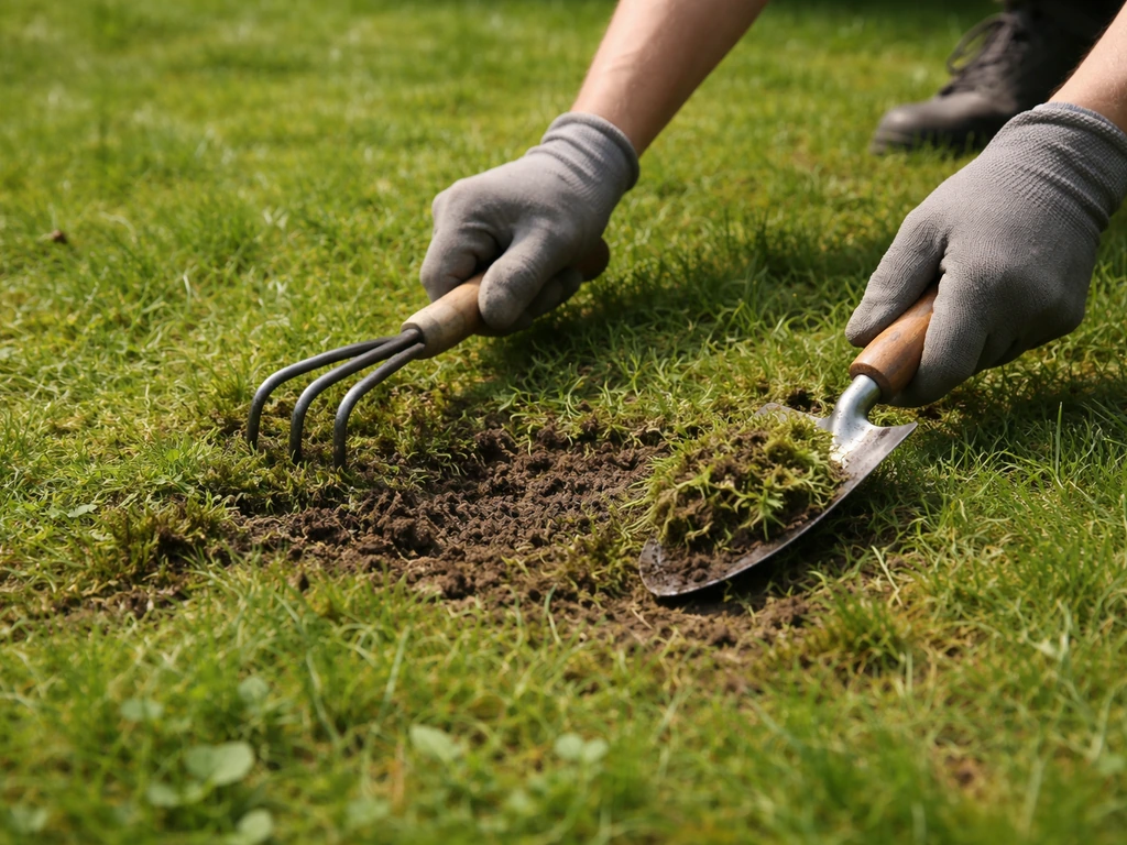Handen die zichtbaar mos en onkruid uit gemaaid gazon verwijderen, gras op ca. 4 cm.