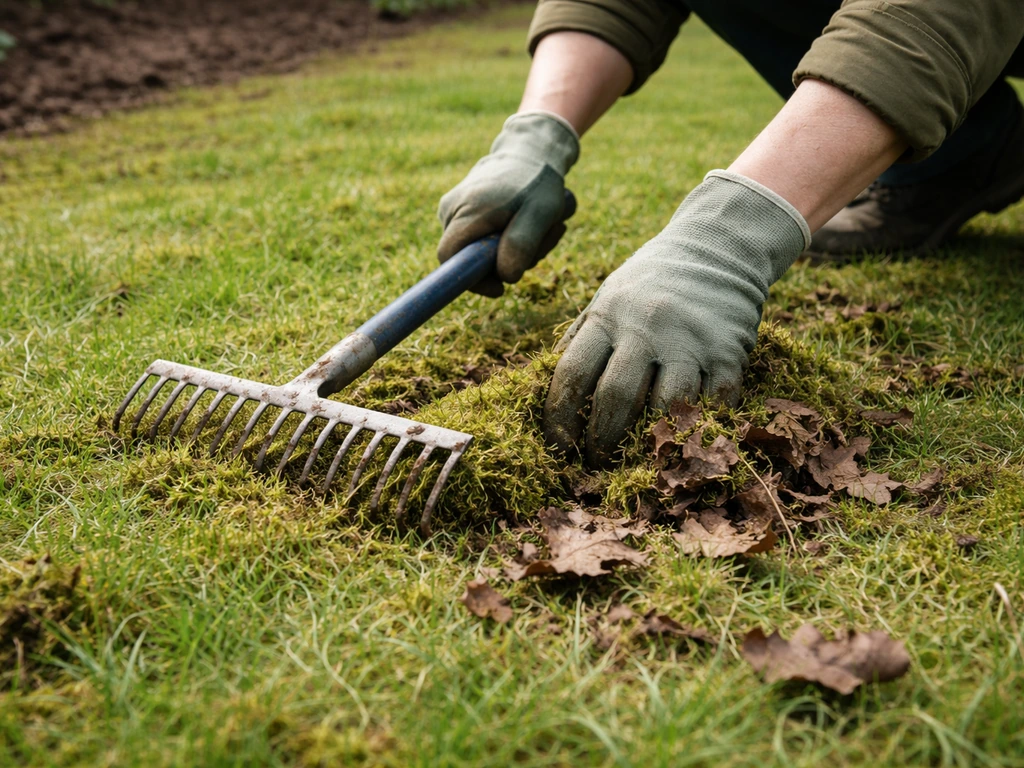 Een tuinhark en handen verwijderen bladresten en los mos uit een gazon in het vroege voorjaar.