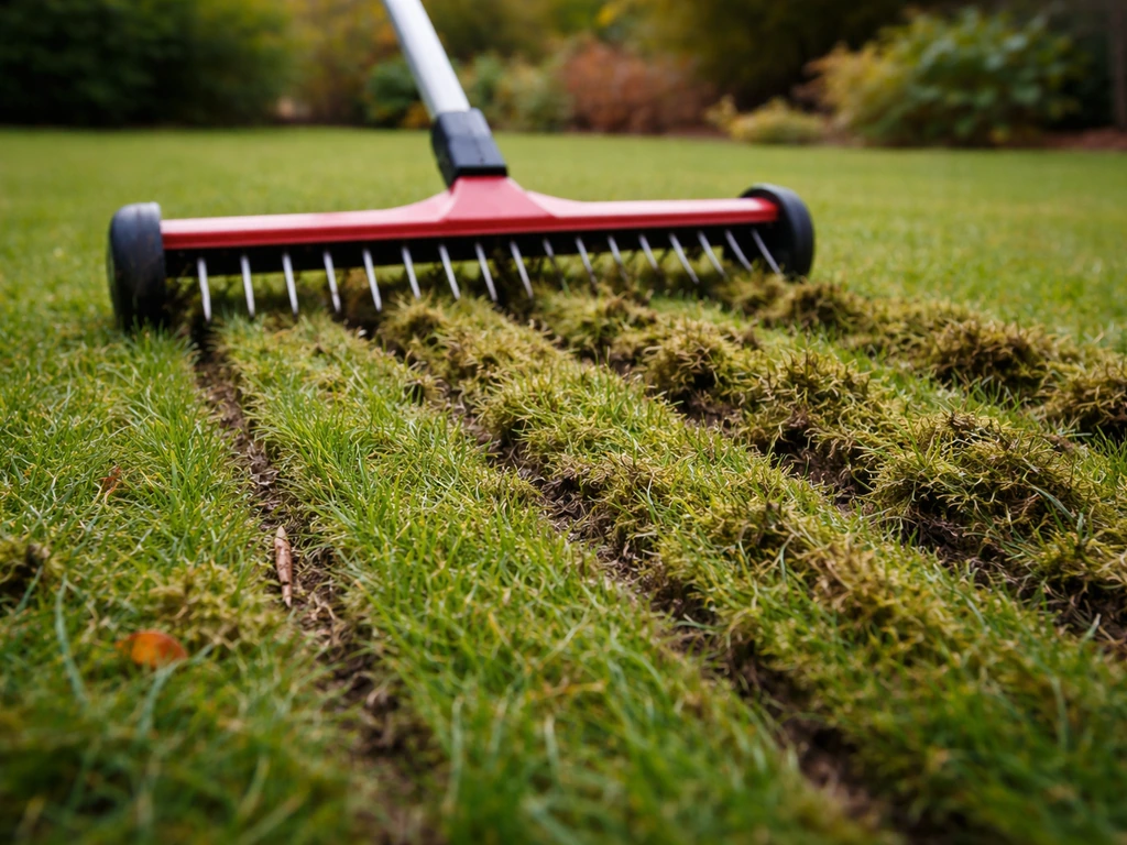 Verticuteermes trekt verticale sneden door groeiend, groen gazon zodat mos en vilt loskomen.