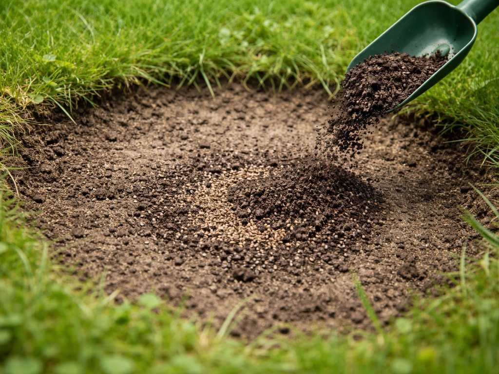 Close-up van een kale plek in het gazon met opengesneden grond en zaad/zaaiklaar om door te zaaien.