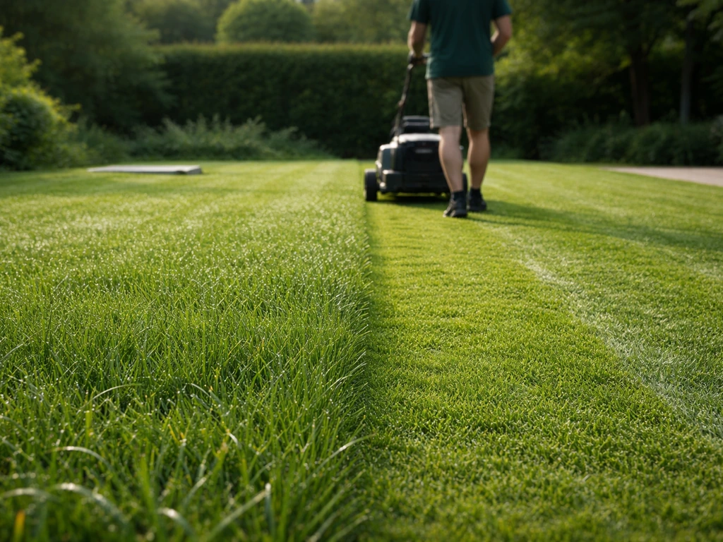 Anonieme tuinier maait groen gras met juiste maaihoogte; tuinslang ligt klaar op de achtergrond.