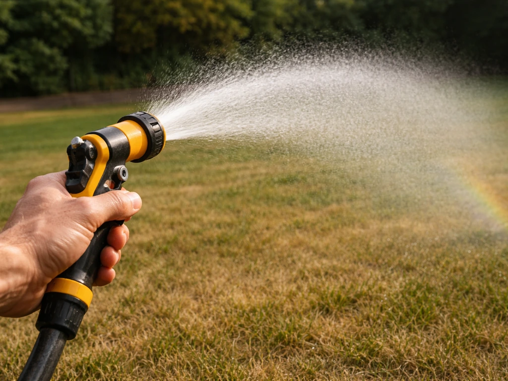 Sproeinevel die als zachte boog over droog gazon valt, met hand aan tuinslang in een rustige tuin.