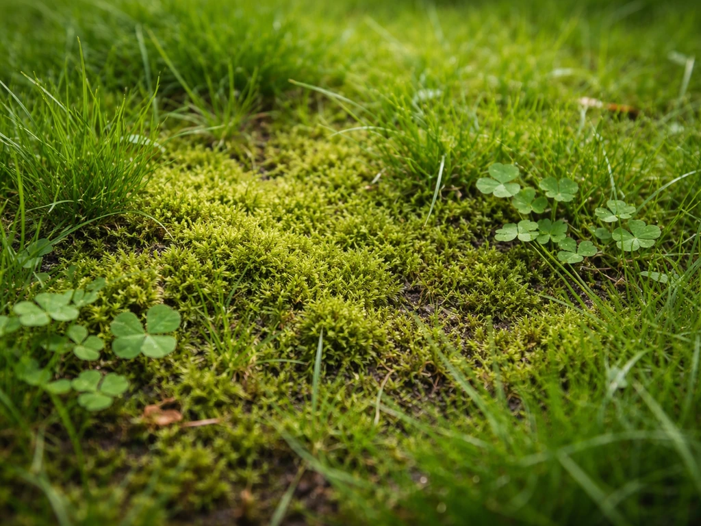 Close-up van mos tussen graspolletjes en een paar klaverplekjes in een gazon, in natuurlijk daglicht.