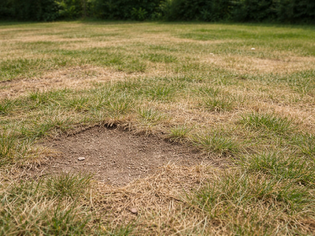 Close-up van een zonnig gazon met kale, verdroogde plekken en wat rafelig achtergebleven gras