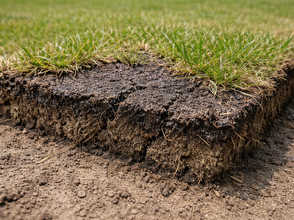 Close-up van verdicht gras met een dichte vilten (mos/vilt) laag op de bodem.