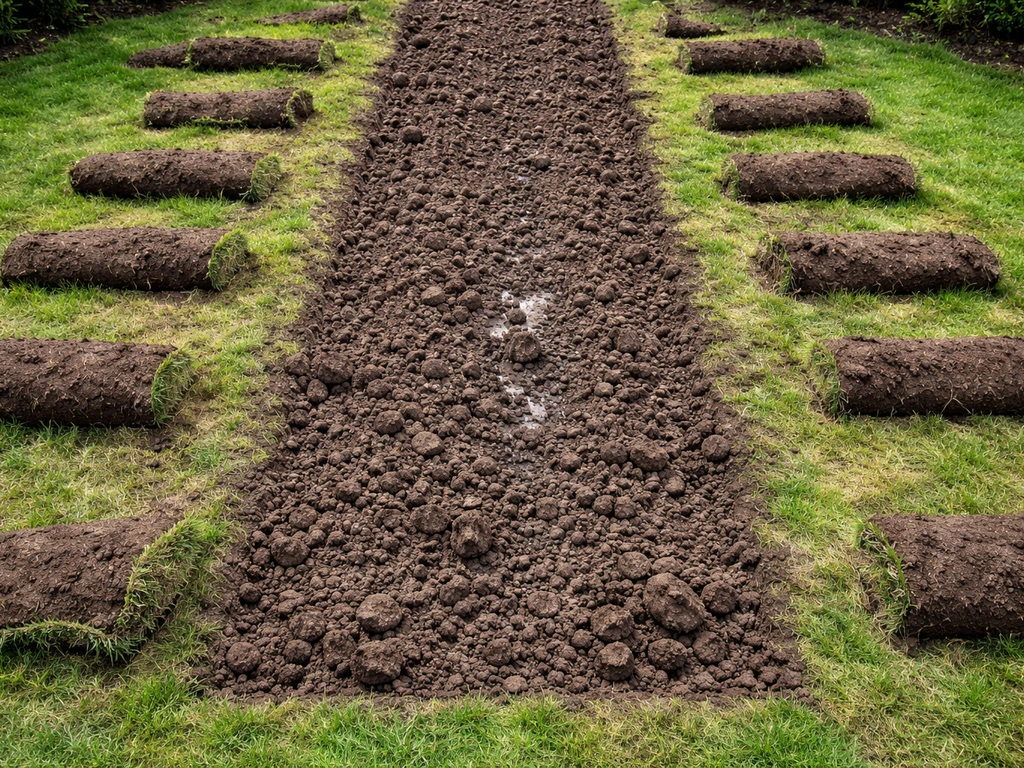 Bovenaanzicht van een tuin met omgewoelde graszoden en een net omgeploegde strook aarde voor herinzaaien.