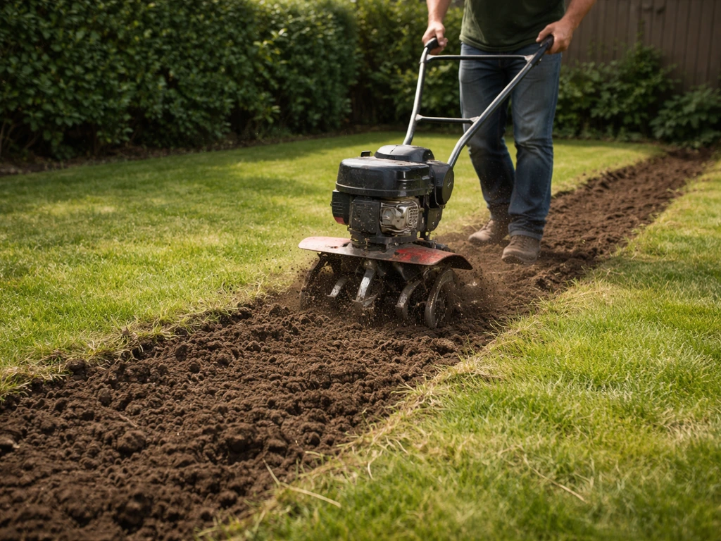 Iemand die een cultivator door gemaaid gras haalt, waardoor een heldere ploeglaag zichtbaar wordt