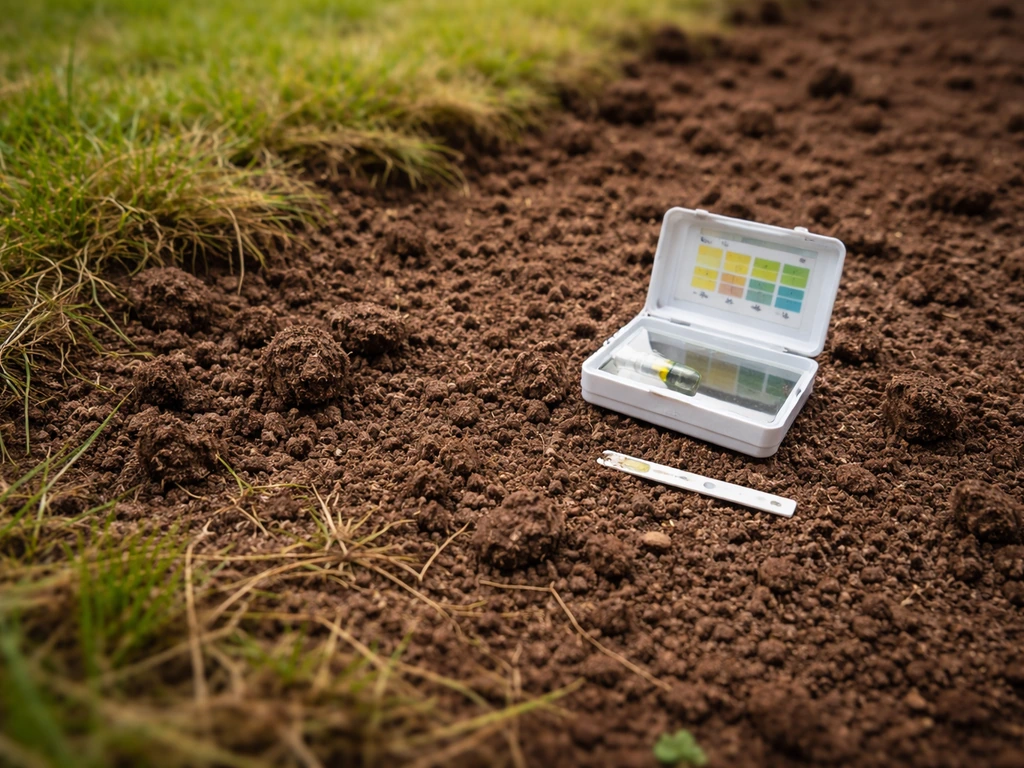 Close-up van losgemaakte grond met kort gemaaid gras, aarde-kluiten en een pH-testkit op de bodem.