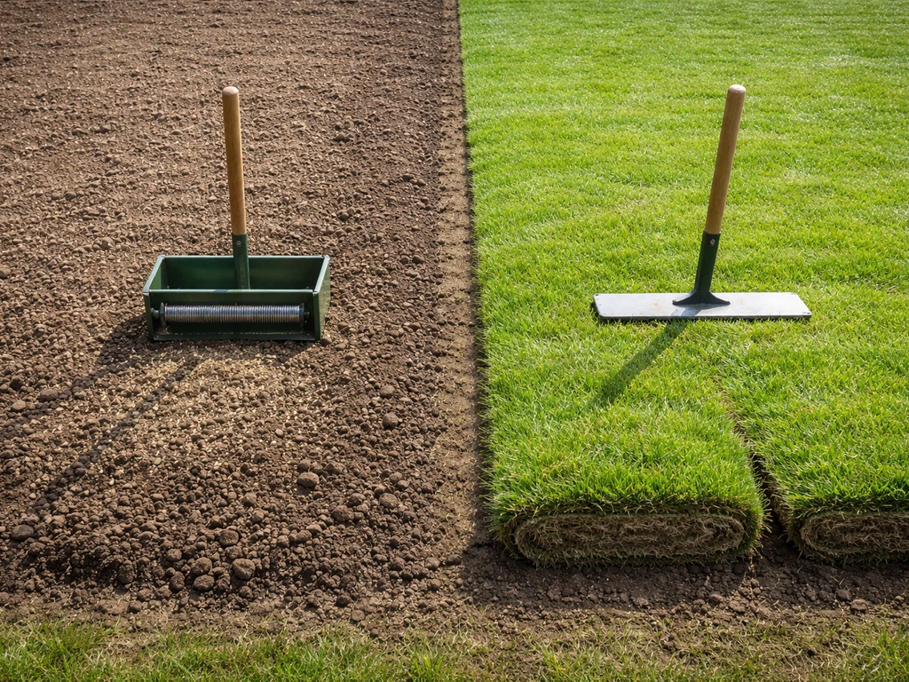 Twee naast elkaar gemaakte stukken grasland: één met zaaiklaar zaad en één met graszoden na omploegen.