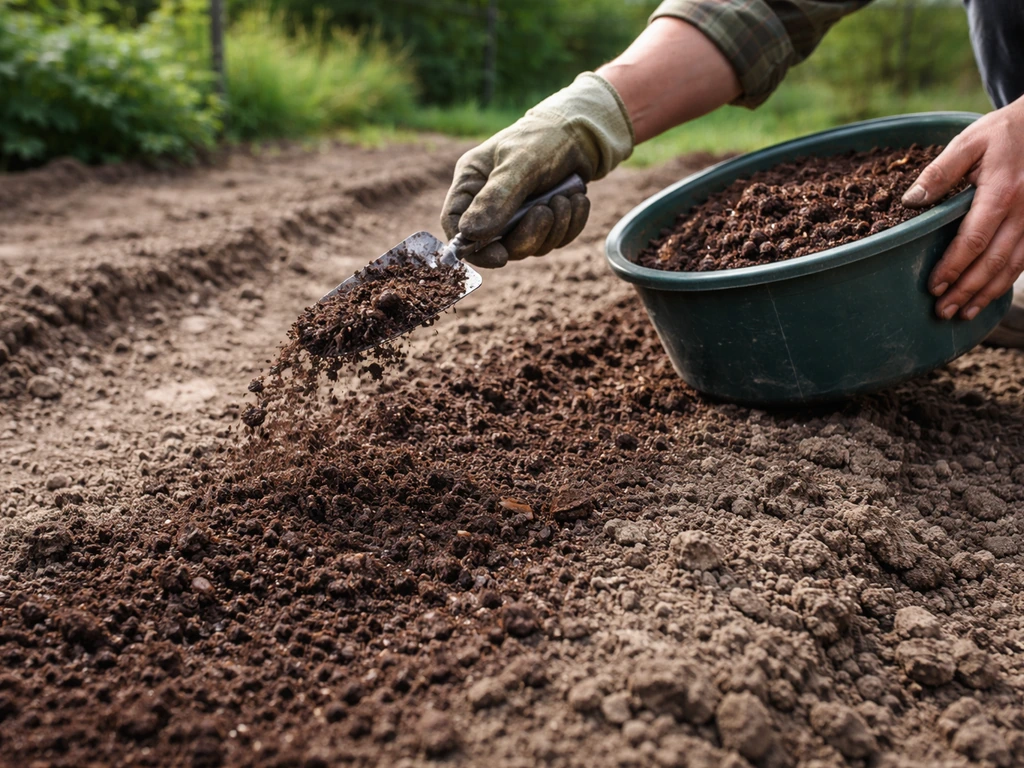 Anonieme tuinier strooit rijpe compost of tuinturf uit op net omgeploegde aarde, ingeveegd in de toplaag.