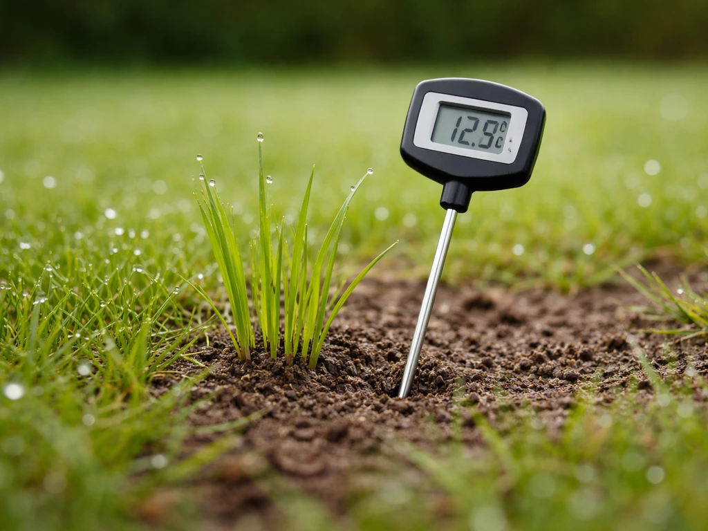 Meetthermometer in de grond naast net beginnend groen gras, als visuele uitleg van groeimoment/bodemtemperatuur.