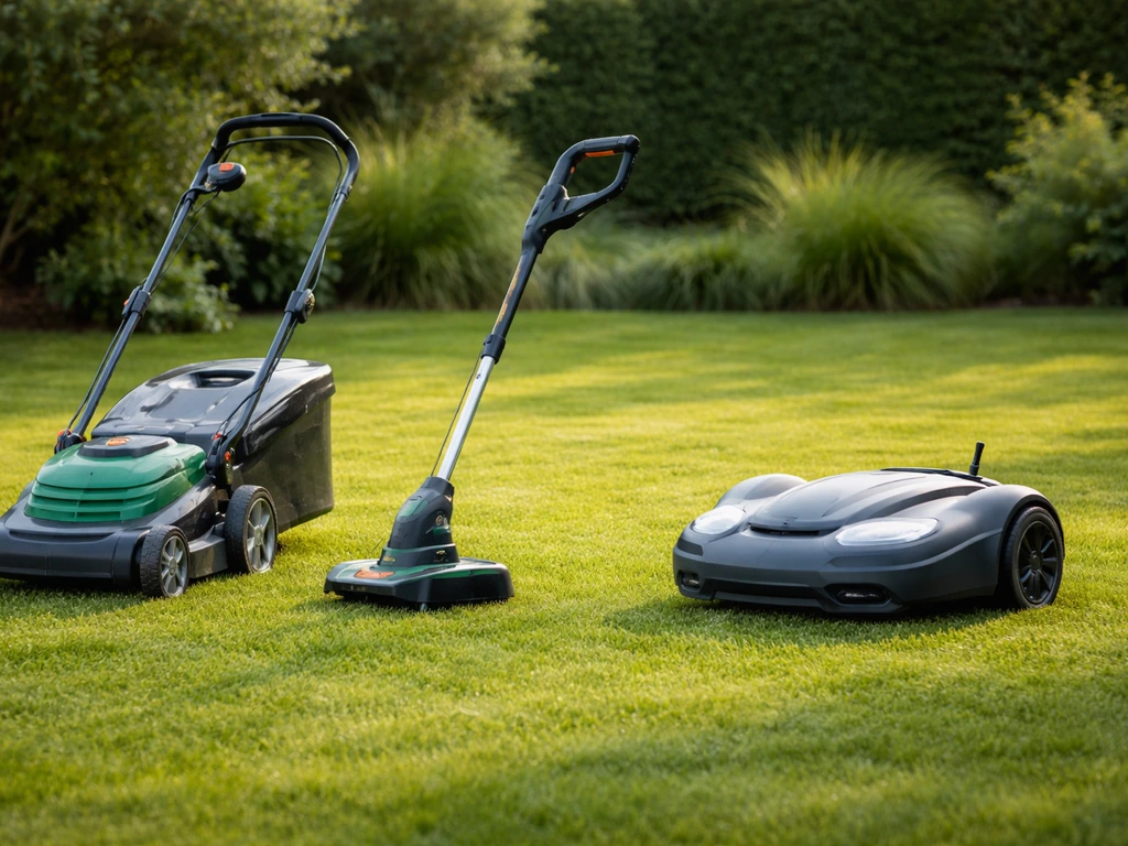 Elektrische grasmaaier met instelbare maaihoogte naast een trimmer en een robotmaaier op een groen gazon