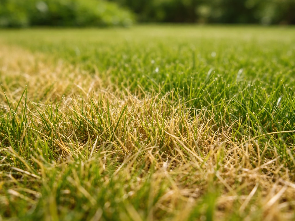 Detailfoto van vergeelde grassprieten na het maaien, met duidelijke scherpe grens en zonlicht.