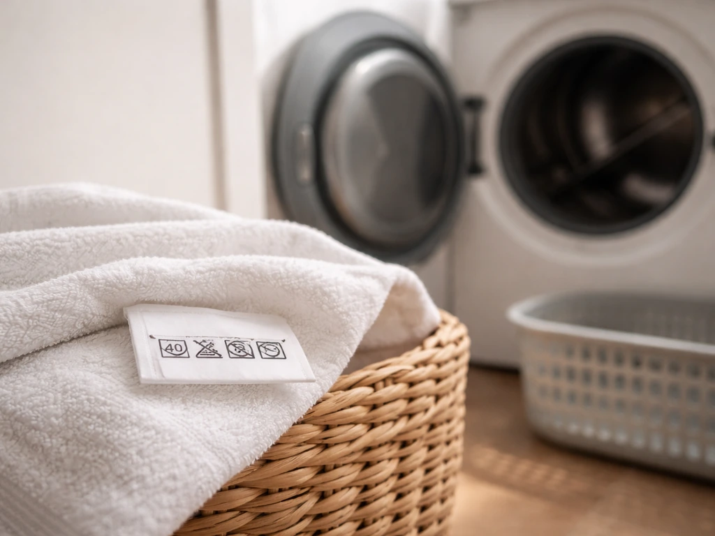 Wit waslabel op een wasgoedstuk naast een open wasdrogerdeur met een wasmand, simpele huishoudelijke sfeer
