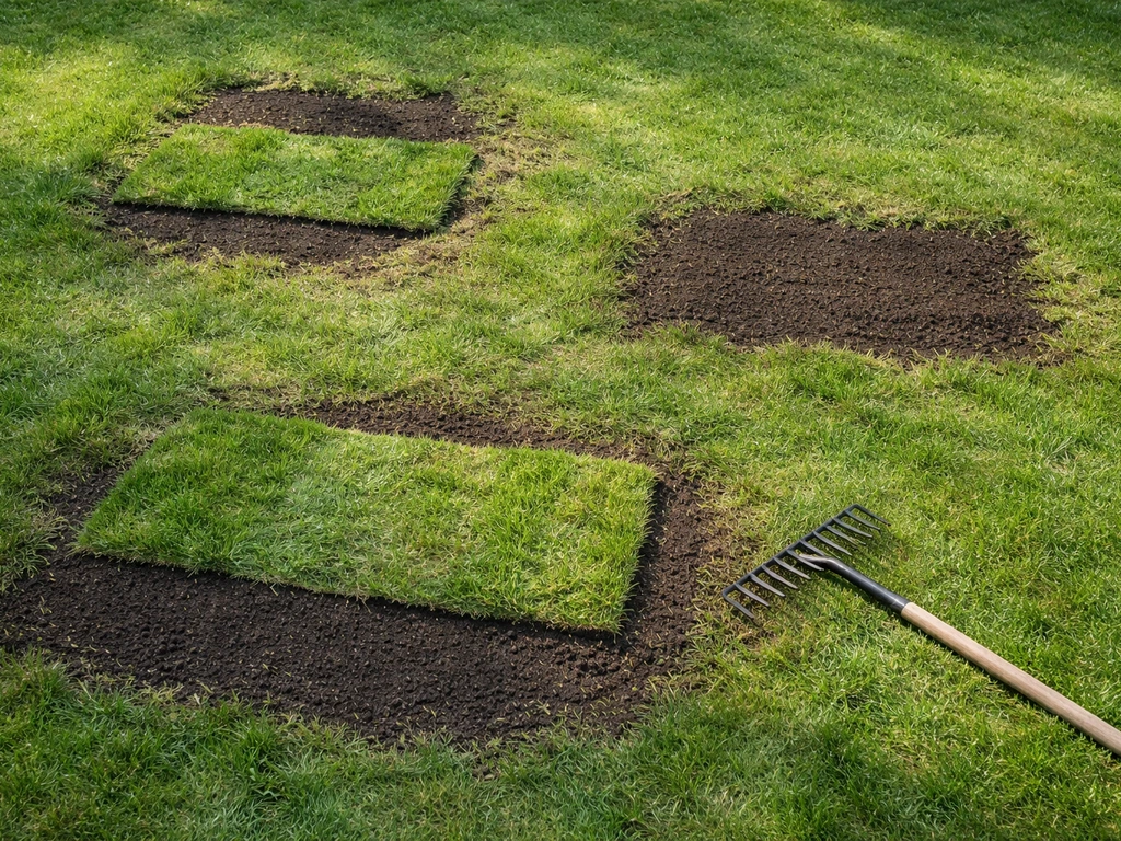 Bovenaanzicht van een gazon met kale plekken en vers aangebrachte graszaad- of zodenstroken met tuinaarde en hark.