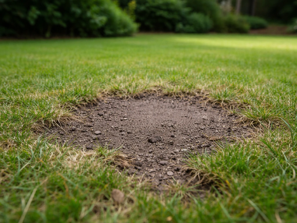 Buitengazon met zichtbare kale plek en verdichte, beschadigde grasstroken na intensief gebruik.