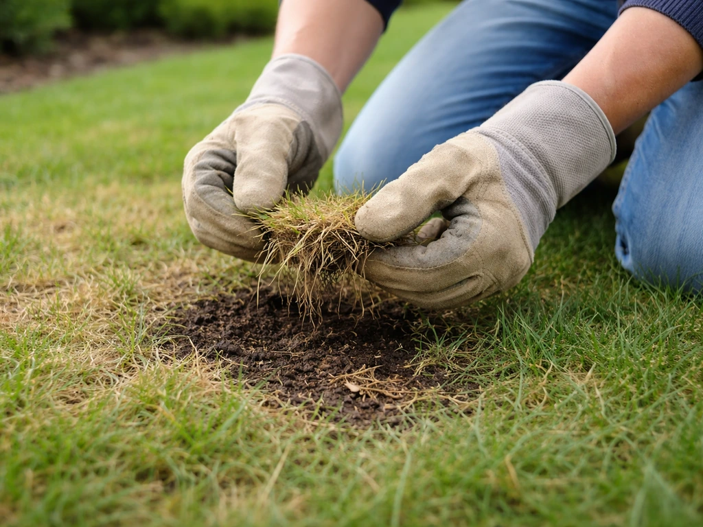 Werkhandschoenen trekken voorzichtig aan verdroogd gras, zodat de wortels loskomen uit de grond.