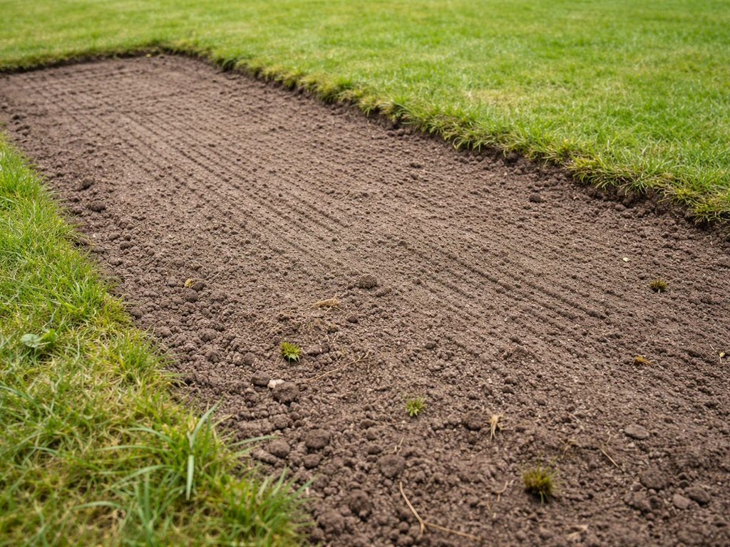 Uitgeharkte kale strook met blootliggende grond in de tuin, klaar om graszaad of zoden aan te brengen