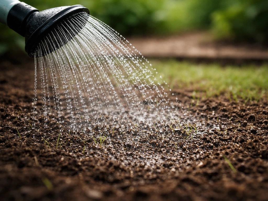 Fijne mist van water die net ingezaaide grond zacht en gelijkmatig bevochtigt, focus op de bovenste laag
