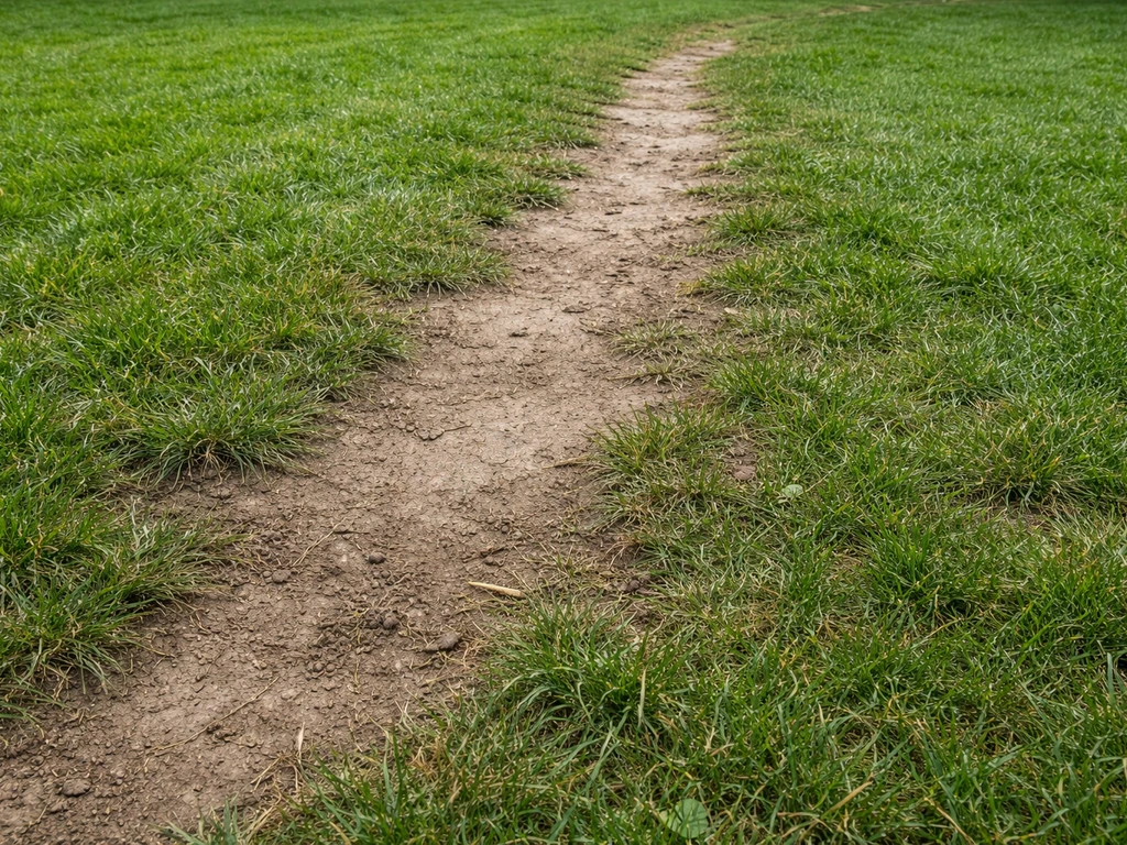 Kale, scheve strook in een Nederlands gazon langs een looproute, met duidelijk zichtbaar grasverdunning.