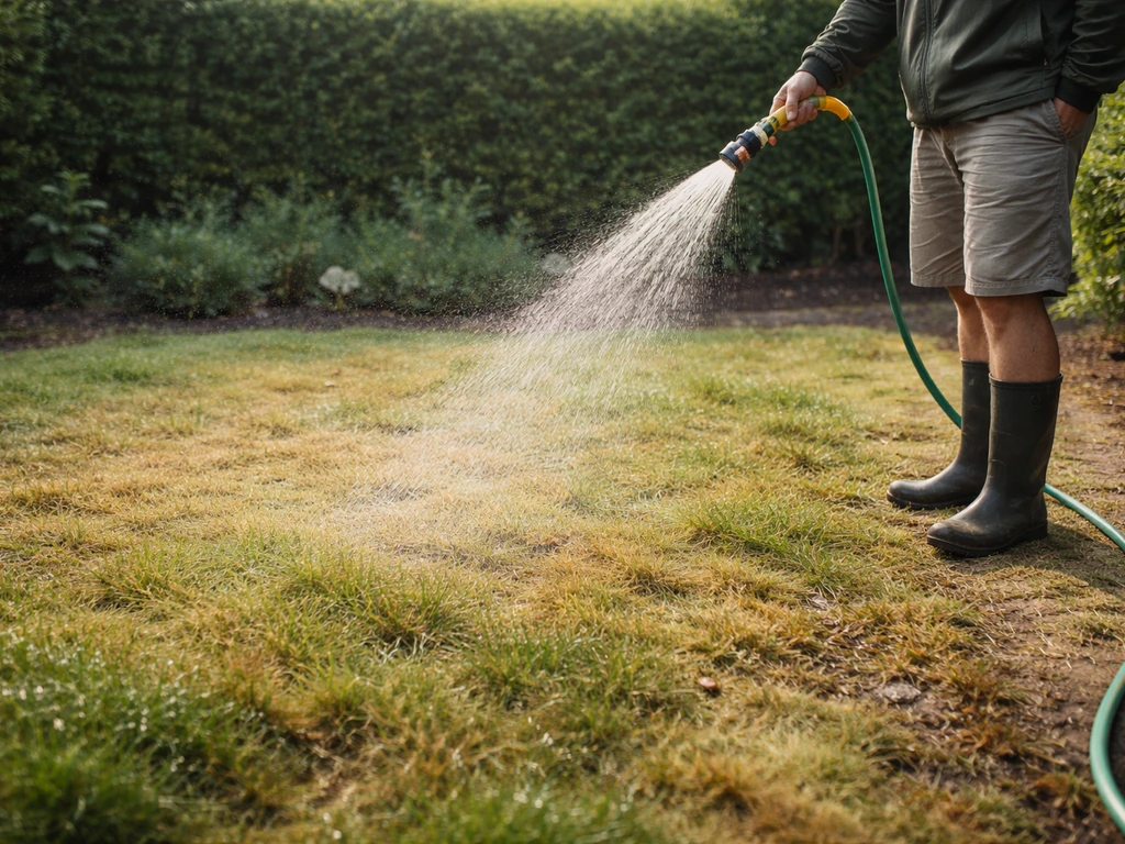 Vroeg in de ochtend vergeeld gras wordt bewaterd met een tuinslang en sproeier, druppels op het gazon.