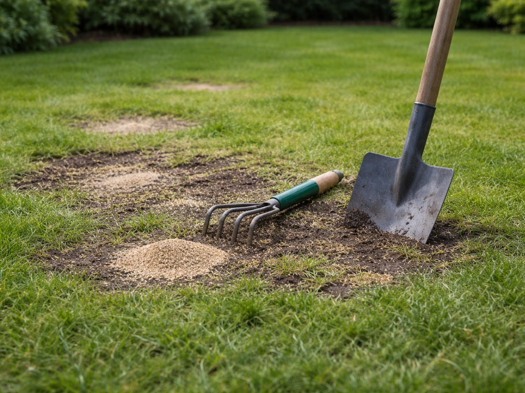 Gazon met kale plekken, graszaad en een harkje klaar op de grond voor gras herstellen in een Nederlandse tuin.