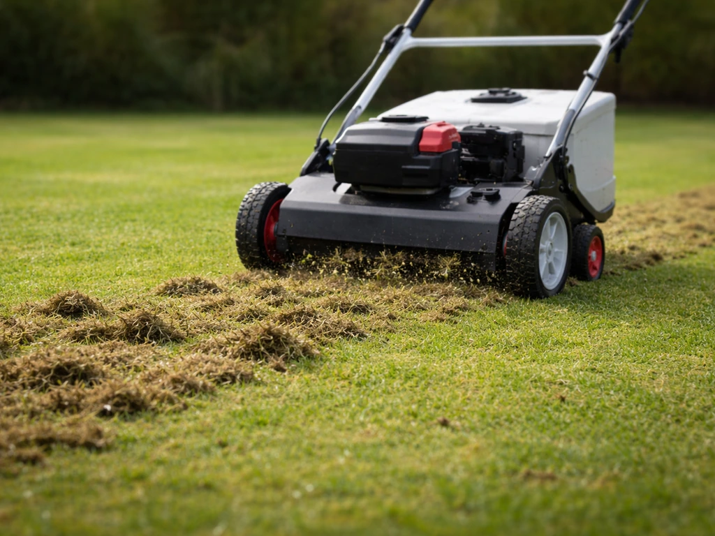 Korte grasmat met verticuteermachine die vilt en mos loshaalt tijdens gazononderhoud