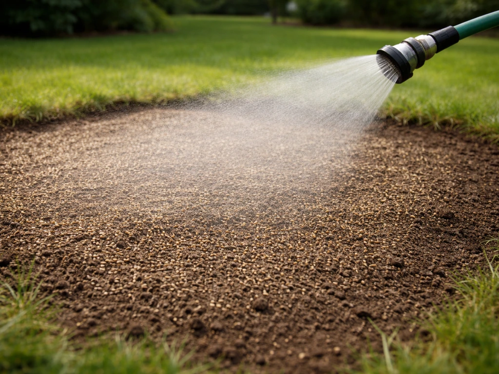Tuinman sproeit een kale grasplek met een fijne watermist na het uitzaaien van graszaad