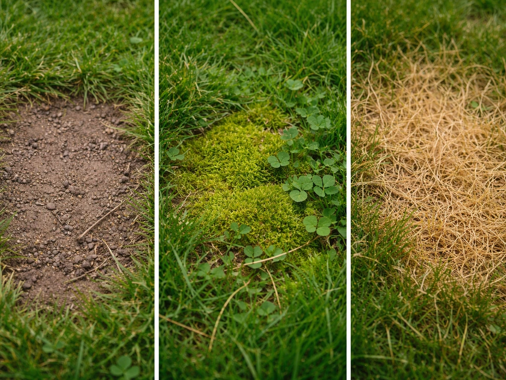Bodemclose-up met drie soorten tuinschade: kale bruine plekken, mos/klaver en geel verdroogd gras