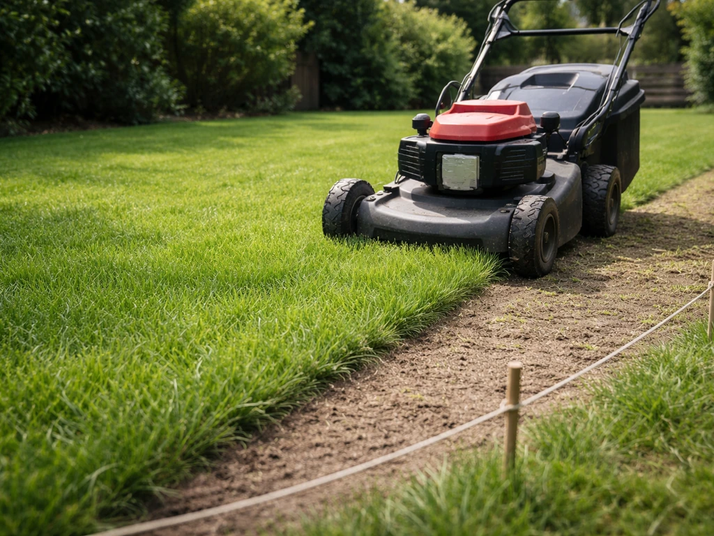 Gazonmaaier die een nieuw ingezaaid stuk maait met gras op juiste (5–6 cm) maaihoogte.