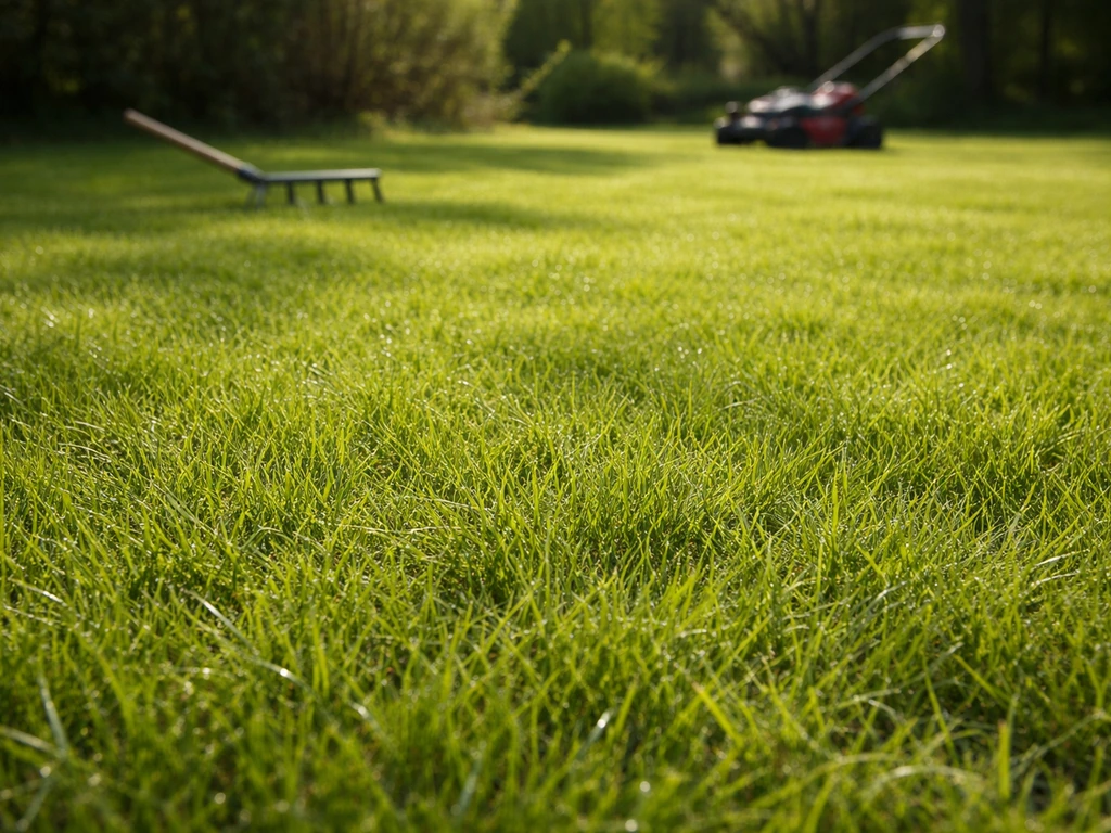 Gezond Nederlands grasveld in groeiseizoen met subtiel gereedschap op de achtergrond.