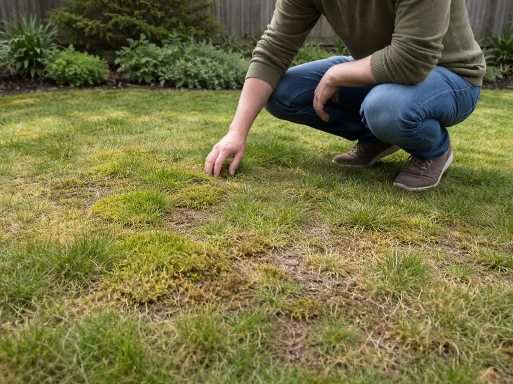 Persoon die een gazon inspecteert met mosplekken en kale, geel verkleurde zones als startpunt