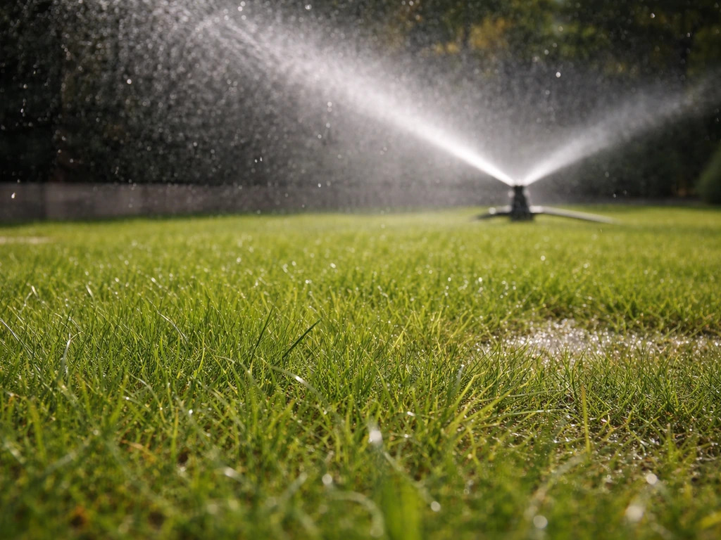 Groen gazon in de zomer met beregeningsspuit die mist over het gras blaast en vochtigere plekken maakt.