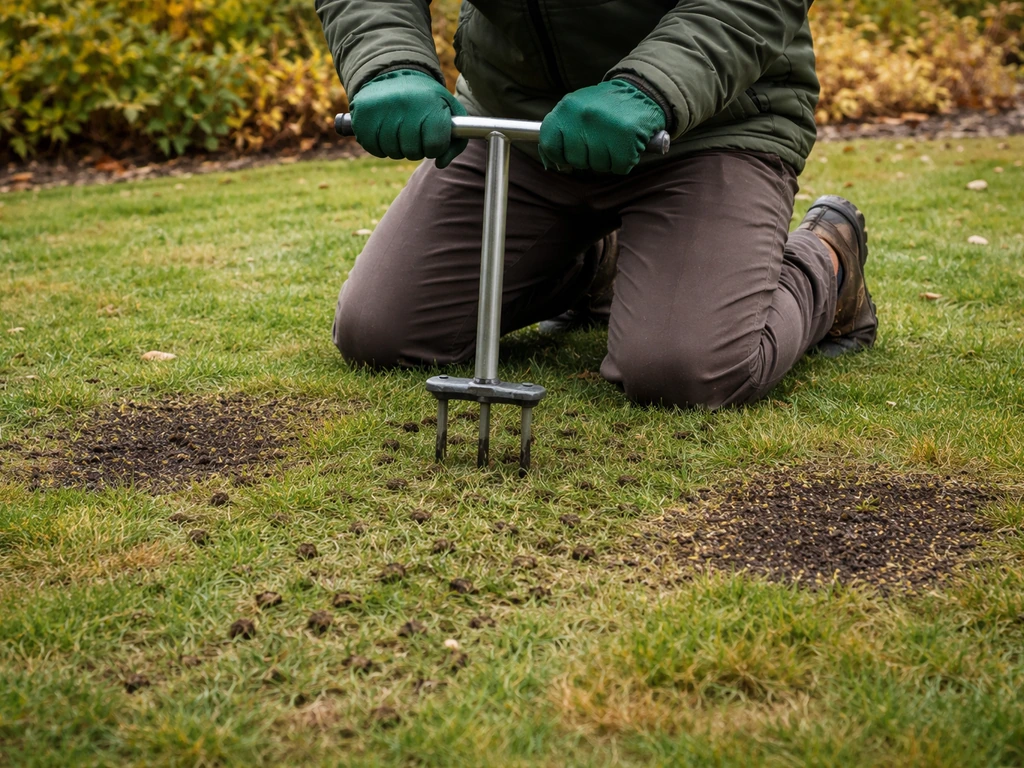 Anonieme tuinier belucht het gazon met een hole-pijpe en zaait kale plekken in; herfstige voortuin.