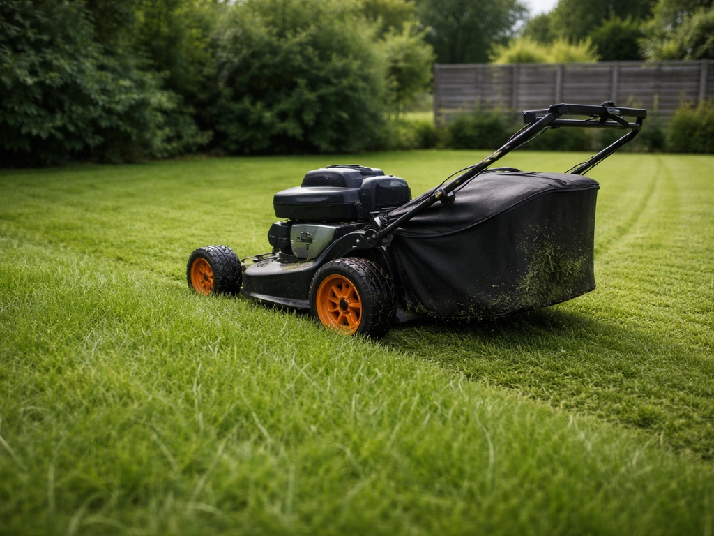 Grasveld met grasmaaier die net maait, met zichtbare zij-uitloop en opvang voor een nette maaibeurt.