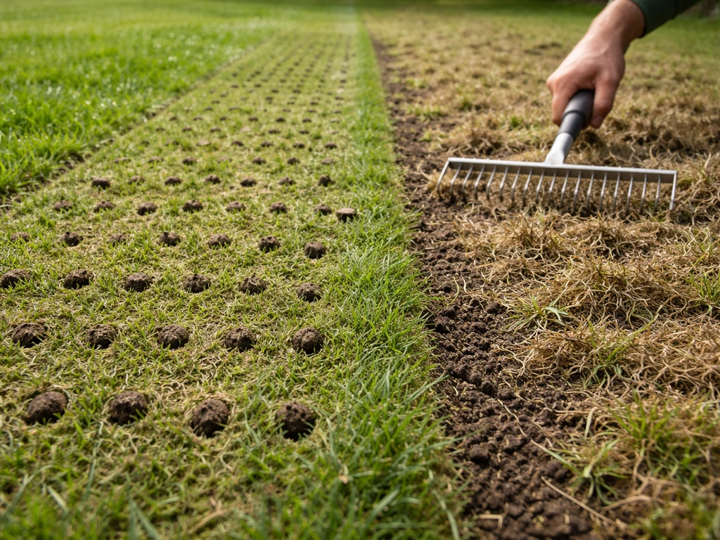 Tuinier belucht en verticuteert een gazon; prikgaten en opengetrokken viltlaag in één kader.