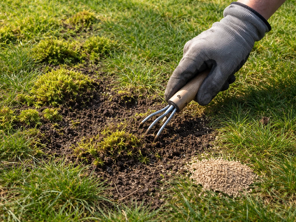 Gazon met mos en kale plekken; een tuinier krabt de grond licht open voor herstel en opnieuw inzaaien.