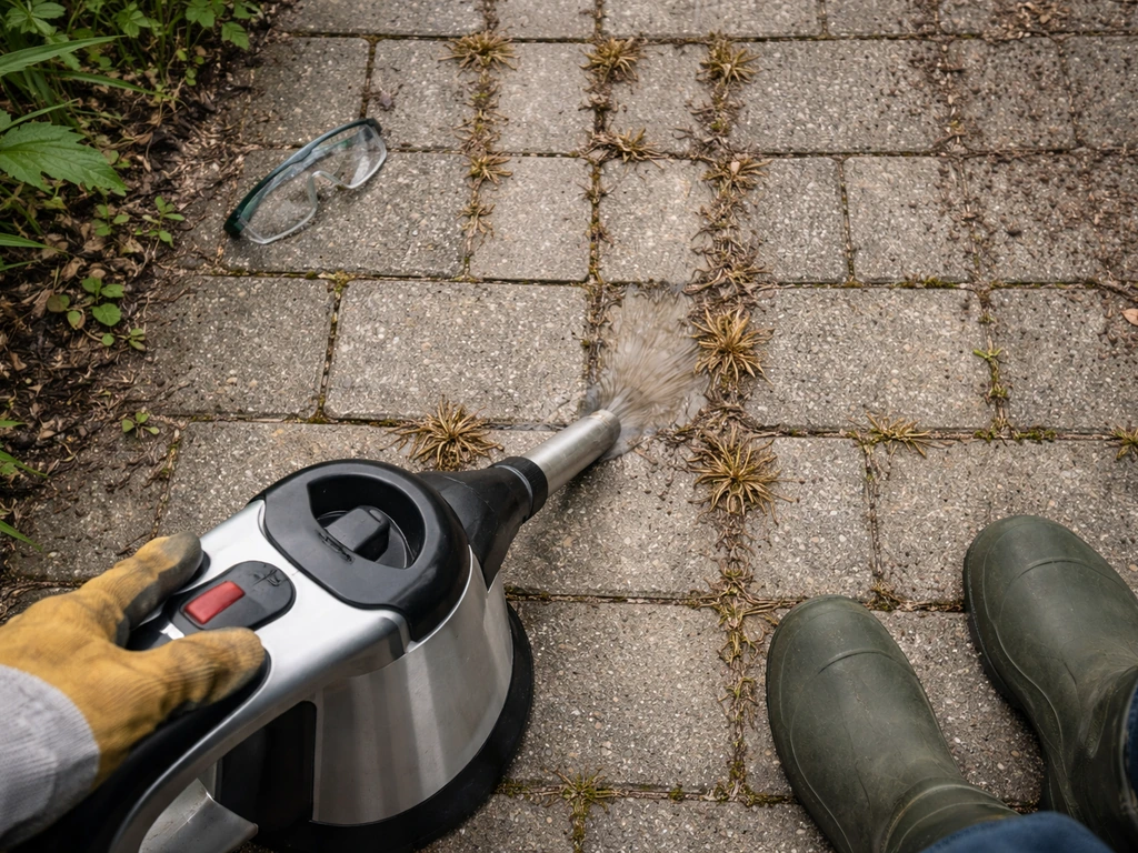 Bruin geworden onkruid tussen voegen op een tuinpad, met waterkoker/heetwaterbrander en veiligheidssfeer in beeld.